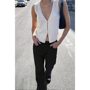 Oak + Fort Cream Knit Sweater Vest  Cropped Button Front Size Small Festival